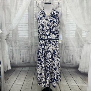 NWOT Leslie Fay Size 14 Blue White Floral Button Front Dress Sleeveless Linen